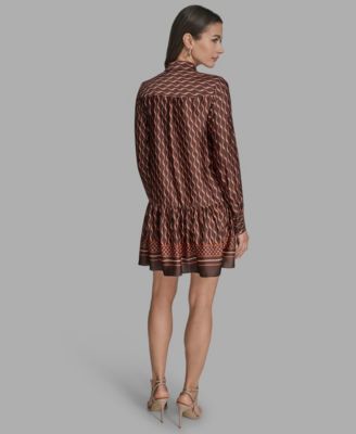 Women's Satin Tie-Neck Long-Sleeve Shift Dress