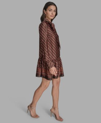 Women's Satin Tie-Neck Long-Sleeve Shift Dress