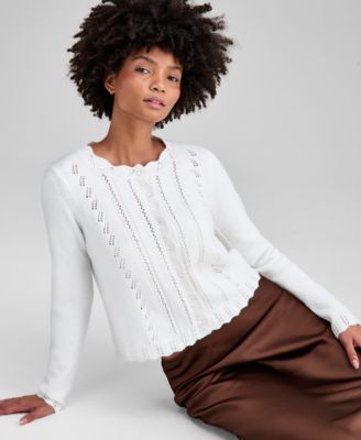 Petite Long Sleeve Set-In Crewneck Cardigan Sweater