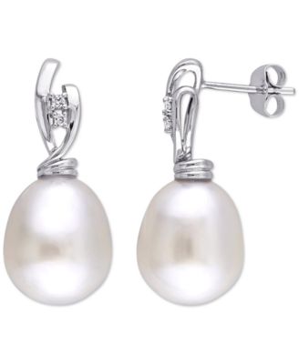 Macy's - Cultured South Sea Pearl (11mm) & Diamond (1/20 ct. t.w.) Oval Drop Earrings in 14k White Gold