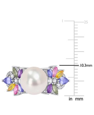 Cultured Freshwater Pearl (9mm), Multi-Sapphire (1-5/8 ct. t.w.) & Diamond (1/8 ct. t.w.) Ring in 14k White Gold