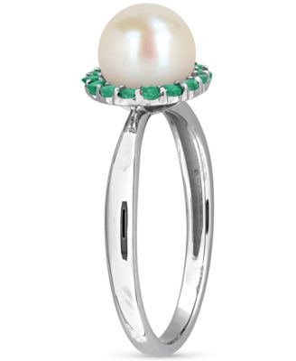 Cultured Freshwater Pearl (7-7.5mm) & Emerald (1/3 ct. t.w.) Ring in Sterling Silver