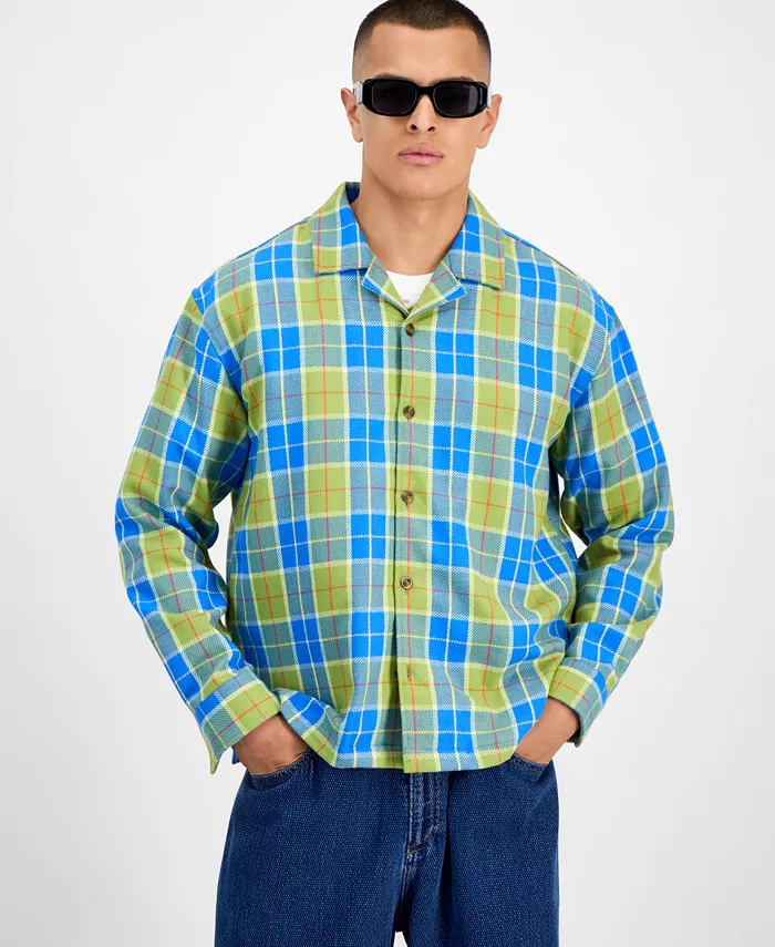 Men's Relaxed-Fit Camp-Collar Plaid Flannel Shirt