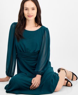 Petite Shirred-Waist Sheer-Sleeve Midi Dress