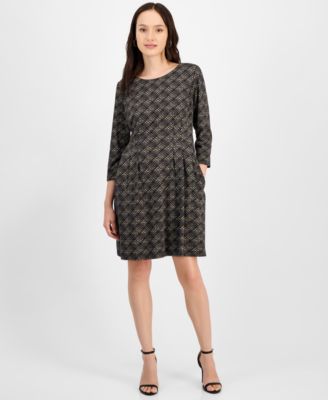 Connected - Petite Printed Round-Neck 3/4-Sleeve Dress