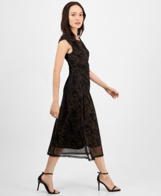Petite Printed-Mesh Cap-Sleeve Midi Dress