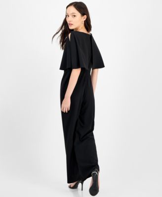 Petite Cape-Sleeve Round-Neck Wide-Leg Jumpsuit