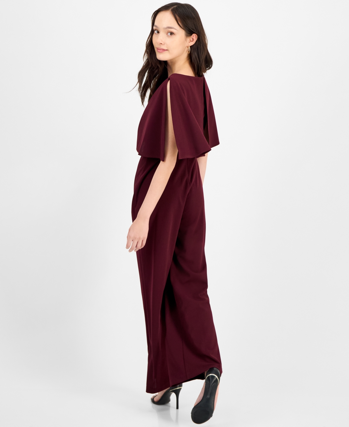 Connected Petite Cape-sleeve Round-neck Wide-leg Jumpsuit In Burgundy