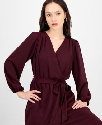 Petite Long-Sleeve Tied Wrap Dress 