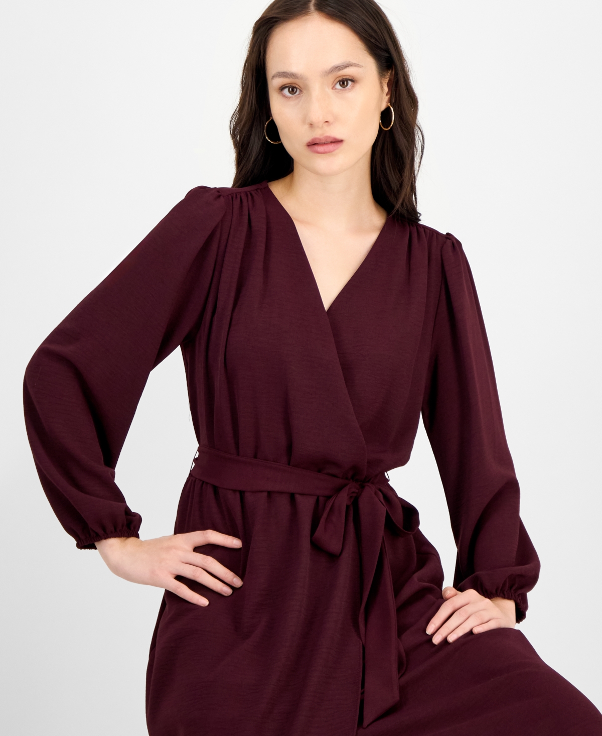 Connected Petite Long-Sleeve Tied Wrap Dress