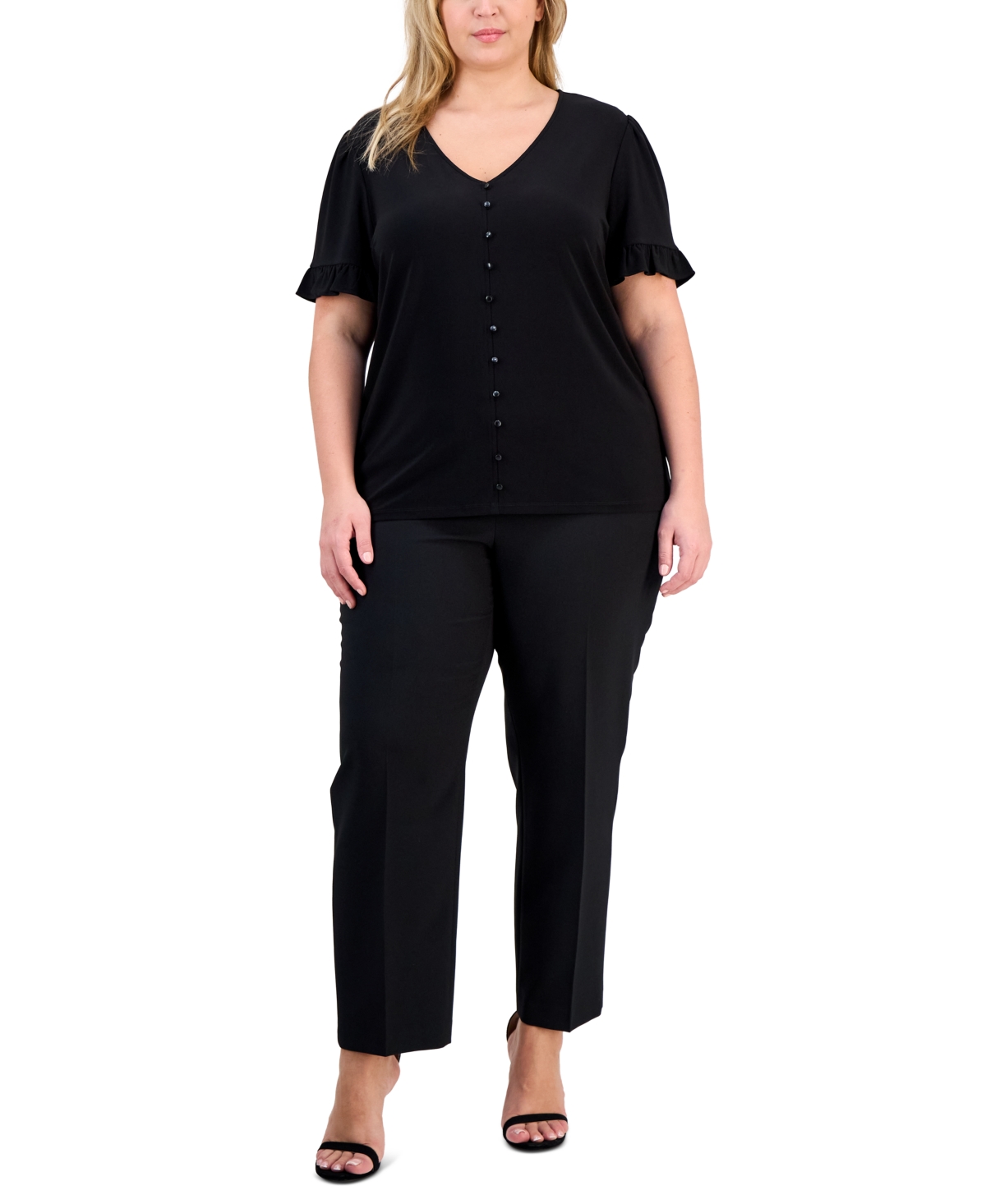 Ak Anne Klein Plus Button-Front Flutter-Sleeve Top