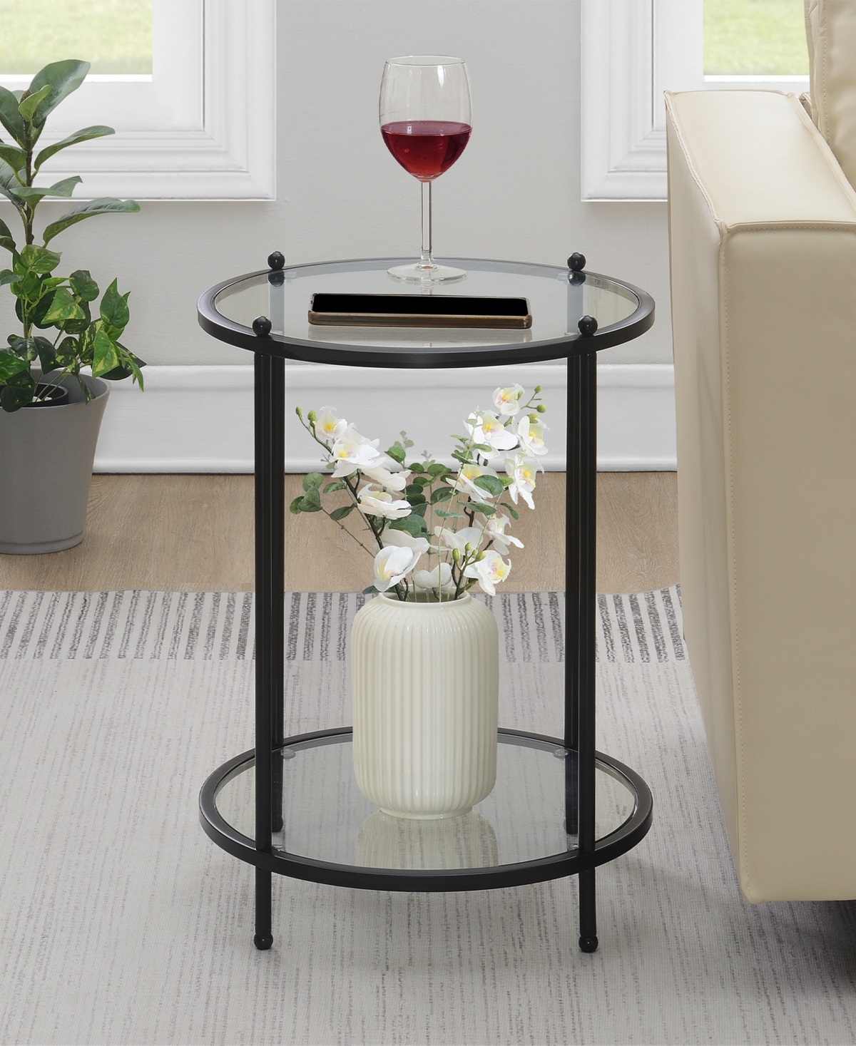 Convenience Concepts 18" Glass Royal Crest 2-tier Round End Table In Black
