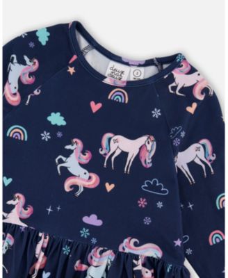 Girl Jersey Dress with Pockets Navy Unicorn Print - Child