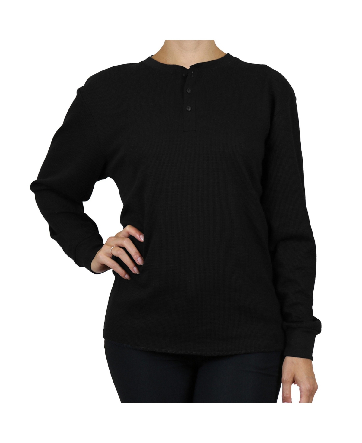 Women's Loose Fitting Waffle-Knit Henley Thermal Shirt - White