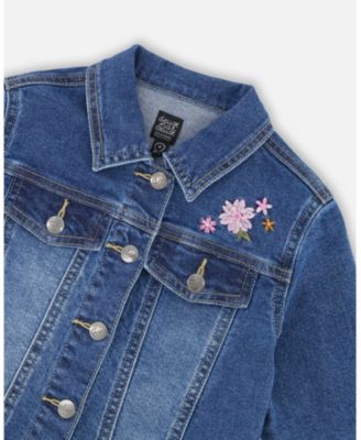 Girl Denim Jacket Blue with Ruffle Hem and Floral Embroidery - Toddler|Child