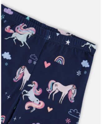 Girl Stretch Jersey Leggings Navy Unicorn Print - Toddler|Child