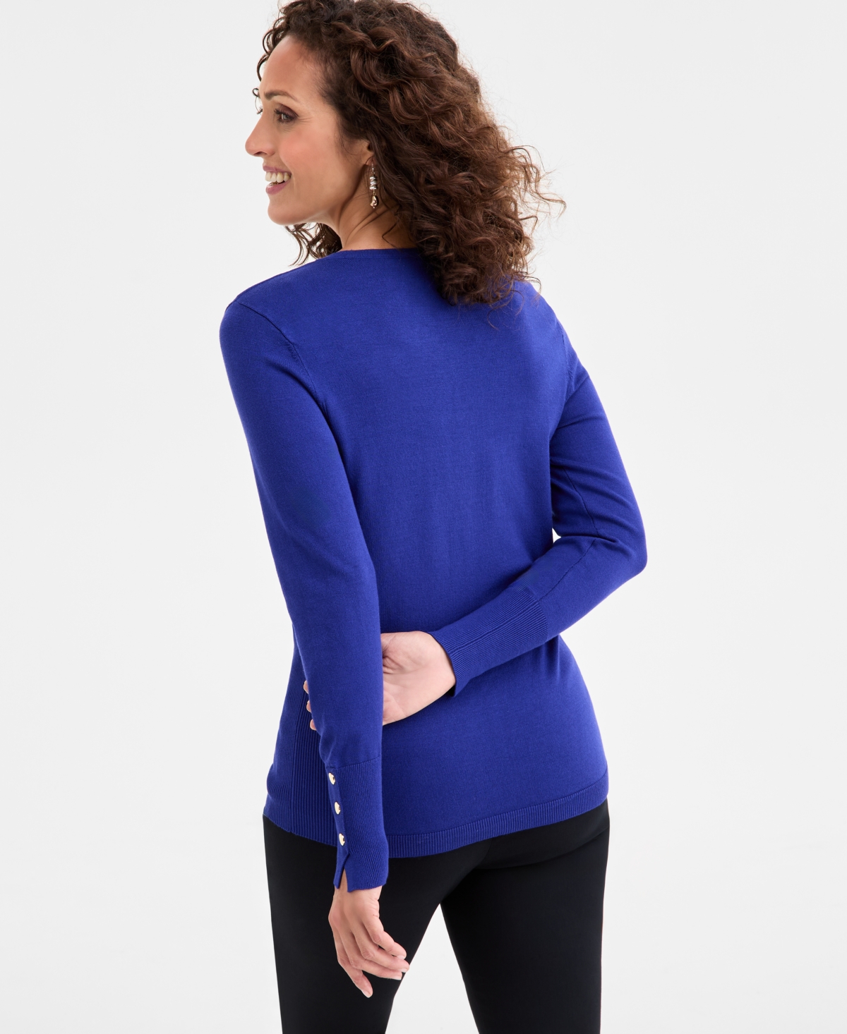 Jm Collection Women's Button-sleeve Crewneck Sweater, Created For Macy's In Blue