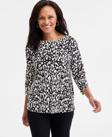 Petite Boat Neck 3/4-Sleeve Top - Deep Black Combo
