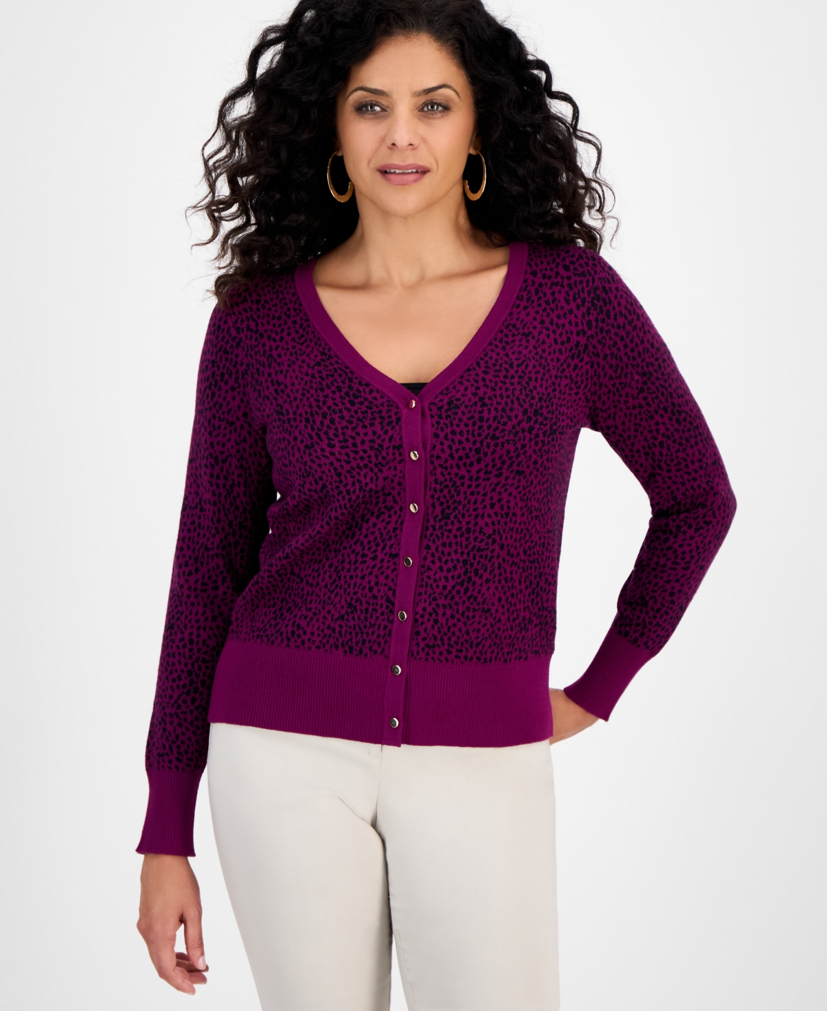 Jm Collection Women's Printed V-neck Long-sleeve Cardigan, Macy's Exclusive In Purple