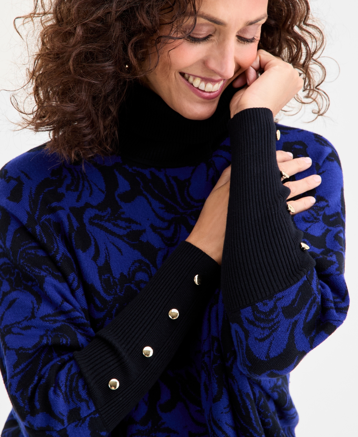 Jm Collection Women's Printed Turtleneck Poncho Sweater, Macy's Exclusive In Blue