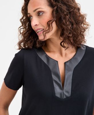 Women's Faux-Leather-Trim Split-Neck Top, Macy's Exclusive