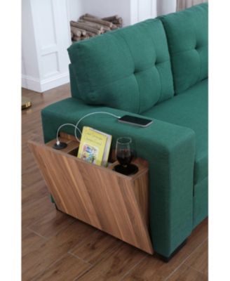 3-Piece Linen Sectional Sofa with Pull-Out Sleeper, Storage Chaise & Cup Holder,Green