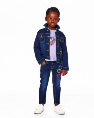 Girl Stretch Jeans Blue Denim with Glittery Hearts - Child