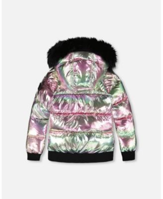 Boy Multicolor Metallic Quilted Bomber-Style Winter Coat - Child
