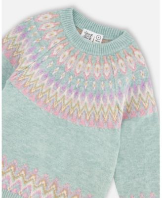 Girl Sweater with Norwegian Jacquard Turquoise Blue - Child