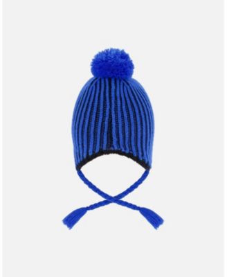 Boy Winter Peruvian Knit Hat with Pompom and Lining Black and Blue - Toddler|Child