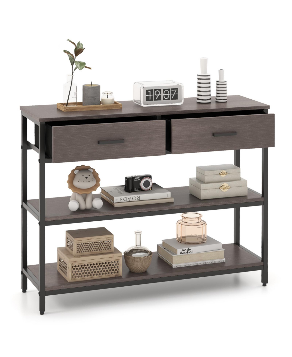 Console Table with Folding Fabric Drawers for Entryway - Grey