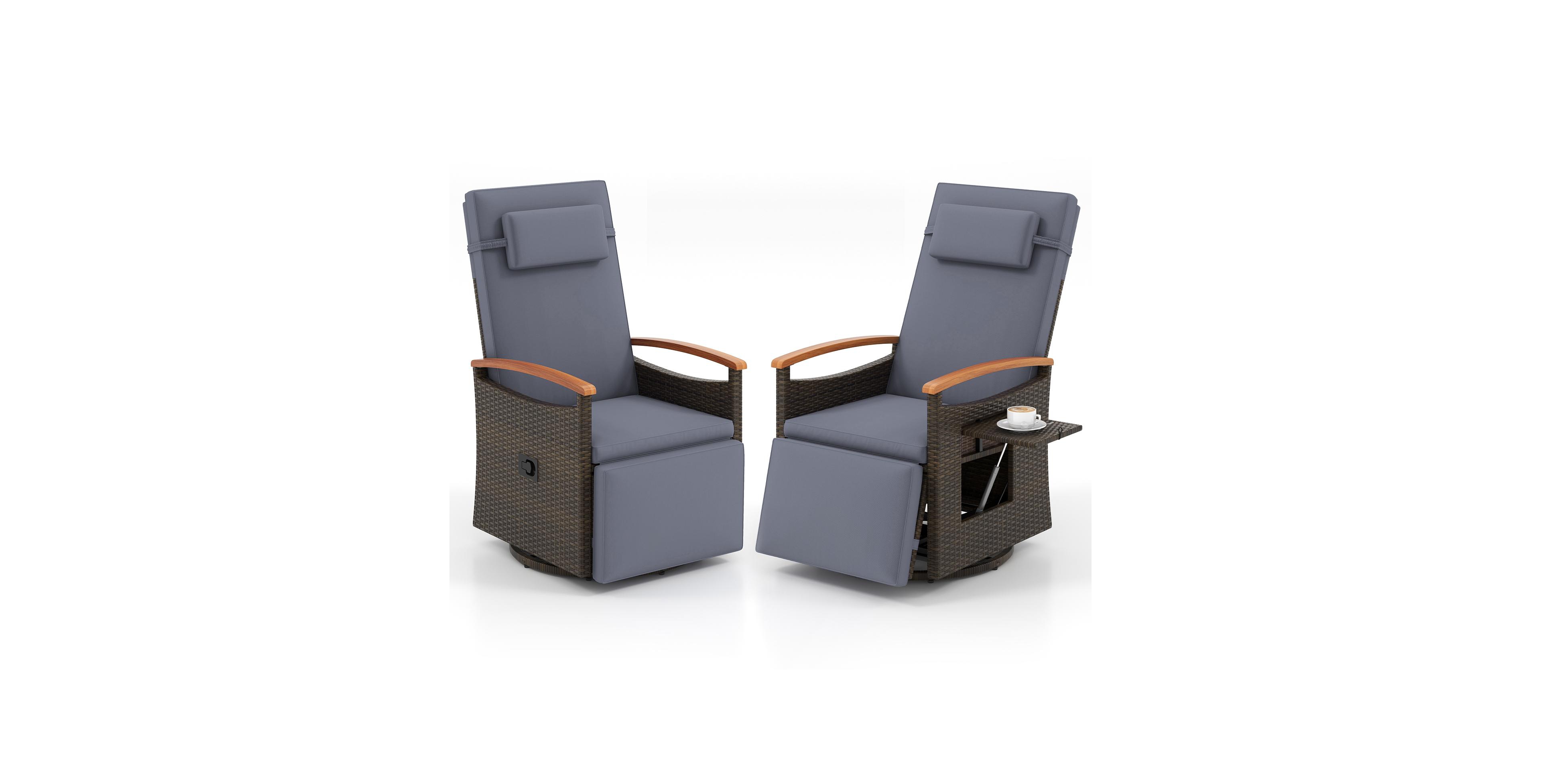 Gymax Set Of 2 Outdoor 360° Swivel Rattan Recliner Chair Patio Wicker Chaise Lounge Chair