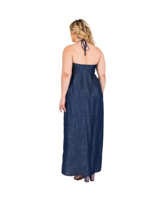 Plus Size Tencel Denim Halter Neck Maxi Slip Dress