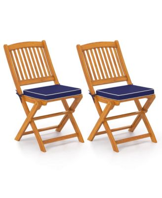 Outdoor Folding Chairs Set of 2 Acacia Wood High-Back Chair with Seat Cushions