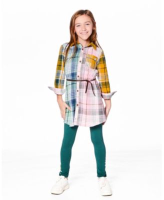Girl Shirt Dress with Belt Green Pink and Yellow - Toddler|Child