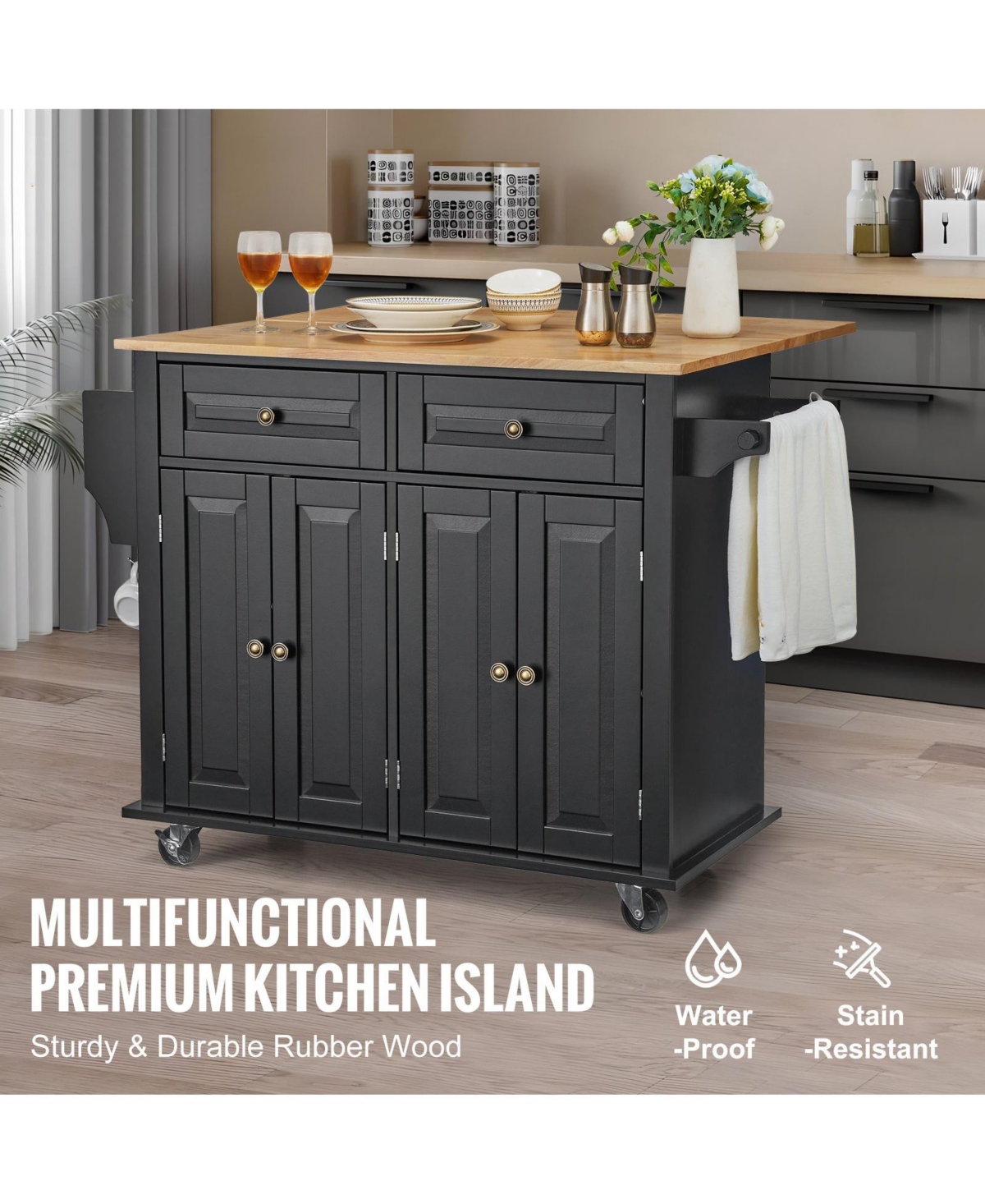 Slickblue Mobile Kitchen Cart with Solid Wood Top, Storage Cabinet, Spice and Towel Rack