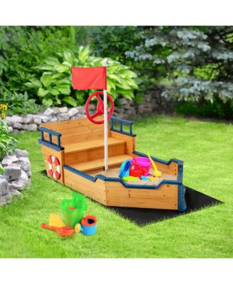 Toddler Pirate Boat Wooden Sandbox Non-Woven Fabric Liner Children Outdoor Playset