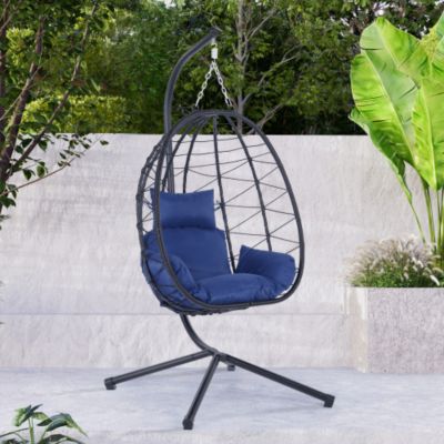 37 Inch Wicker Egg Swing Chair with Stand 350LB Capacity and Removable Cushion