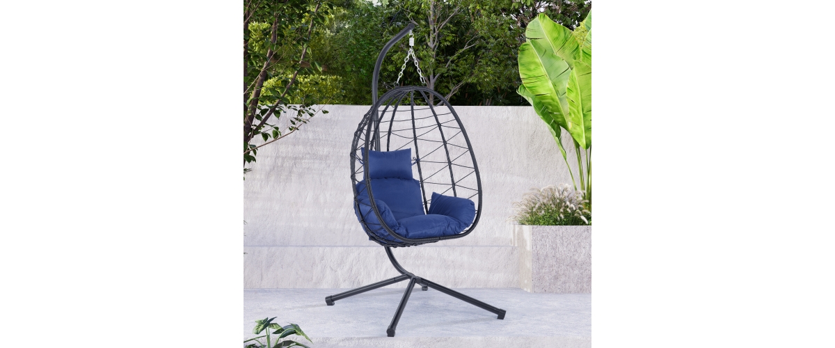37 Inch Wicker Egg Swing Chair with Stand 350LB Capacity and Removable Cushion