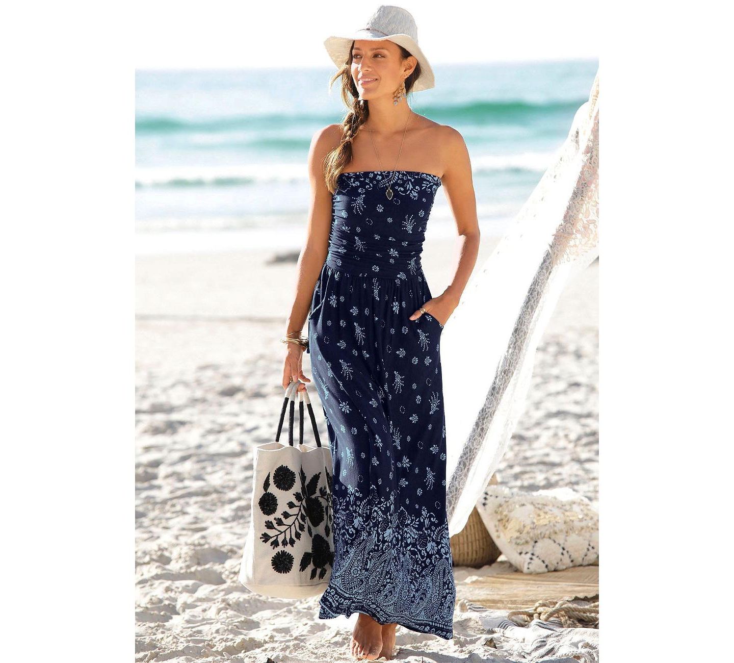 Женское платье LASCANA Viscose Printed Strapless with Pockets Bandeau Maxi, цвет: Тёмно-синий с принтом — фото 2