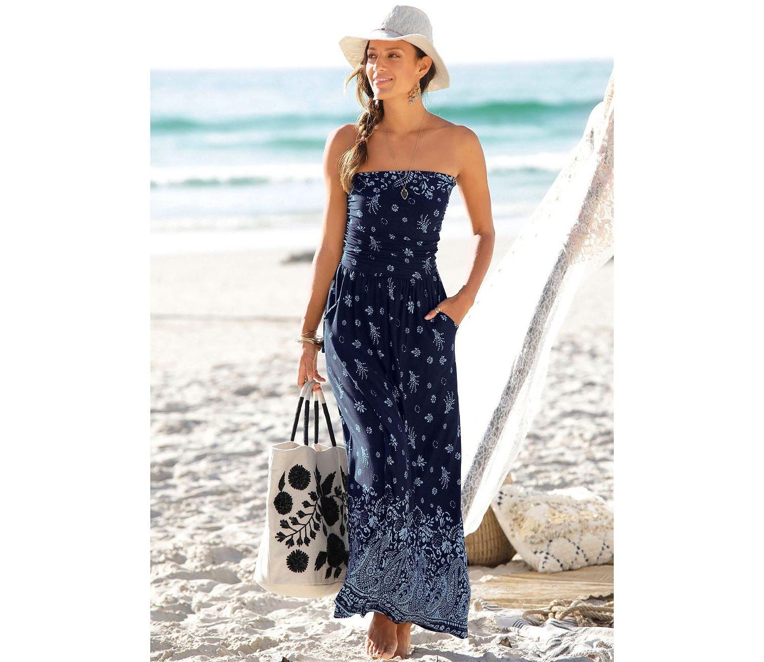 Women's Viscose Printed Strapless with Pockets Bandeau Maxi Dress