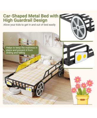 Twin Car-Shaped Metal Bed Frame with Wheels Decorations Safety Guardrails