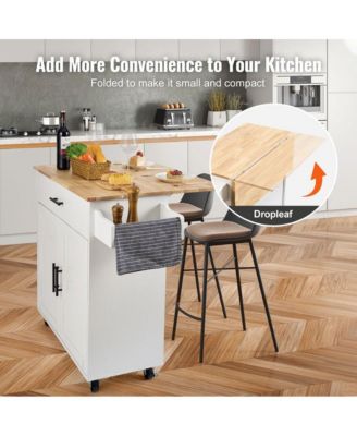 Kitchen Cart with Wood Top, Storage Cabinet, Drop Leaf, and Rolling Wheels