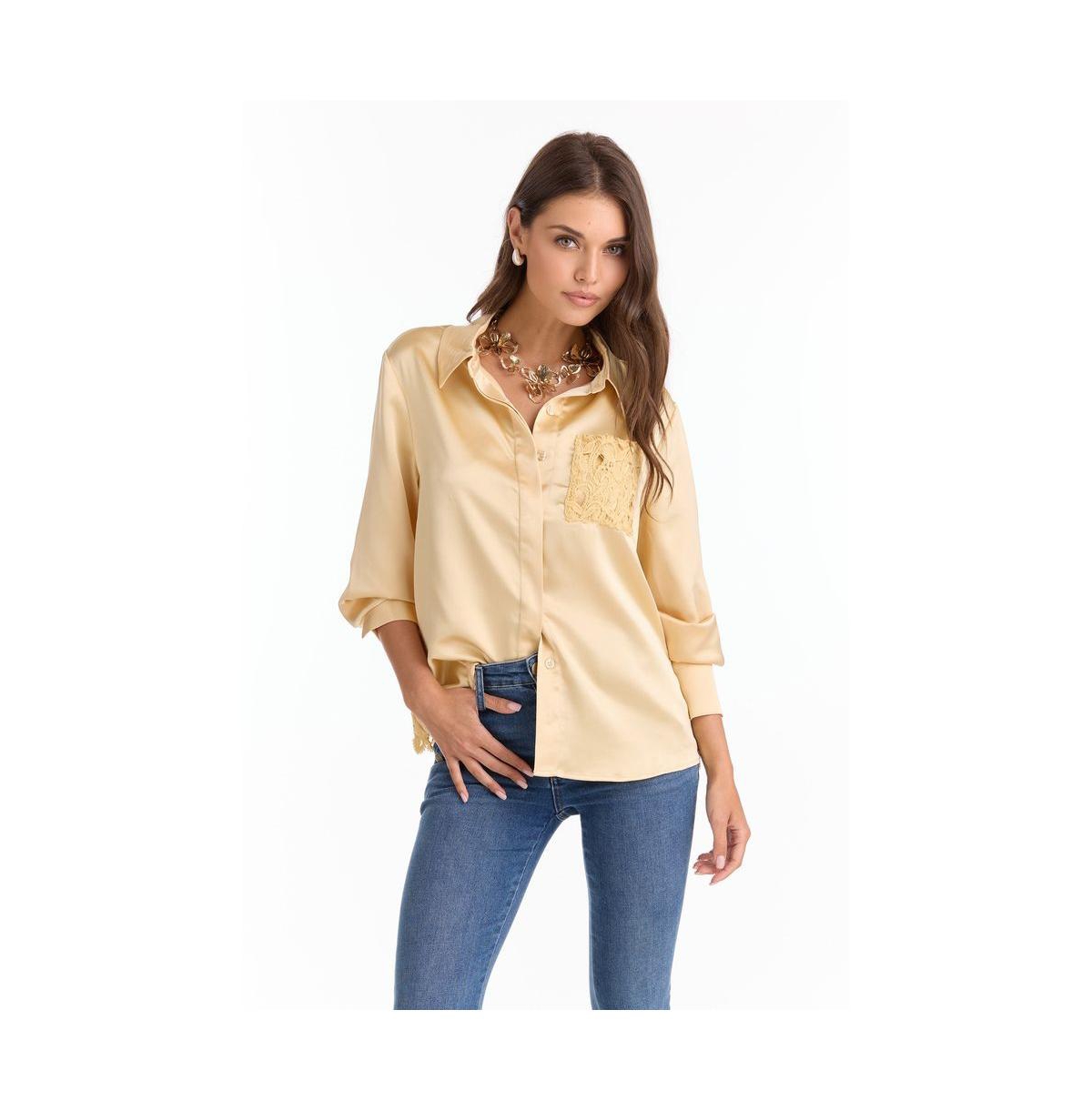 Women's Amelia Silky Lace Blouse - Butter Yellow - Black