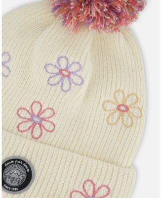 Girl Lined Knit Pompom Hat Off-White and Pink - Toddler|Child
