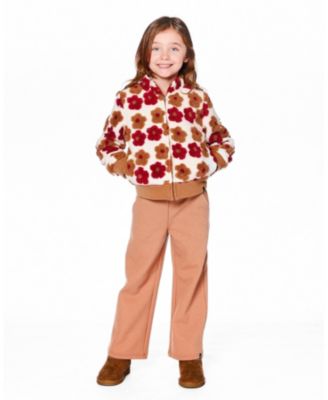 Girl Full Zip Sherpa Jacket with Jacquard Floral Pattern Beige and Red - Child