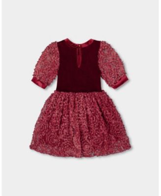Girl Puff Sleeve Bi-Material Velour and Lace Dress Red - Child