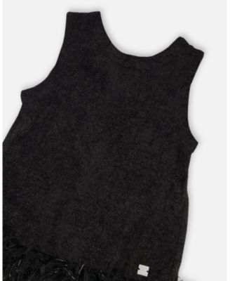 Big Girls Sleeveless Bi-Material Lurex Dress with Feathers Black