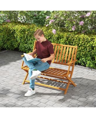 Wood Outdoor Bench, 2-Person Foldable Patio Garden Bench,