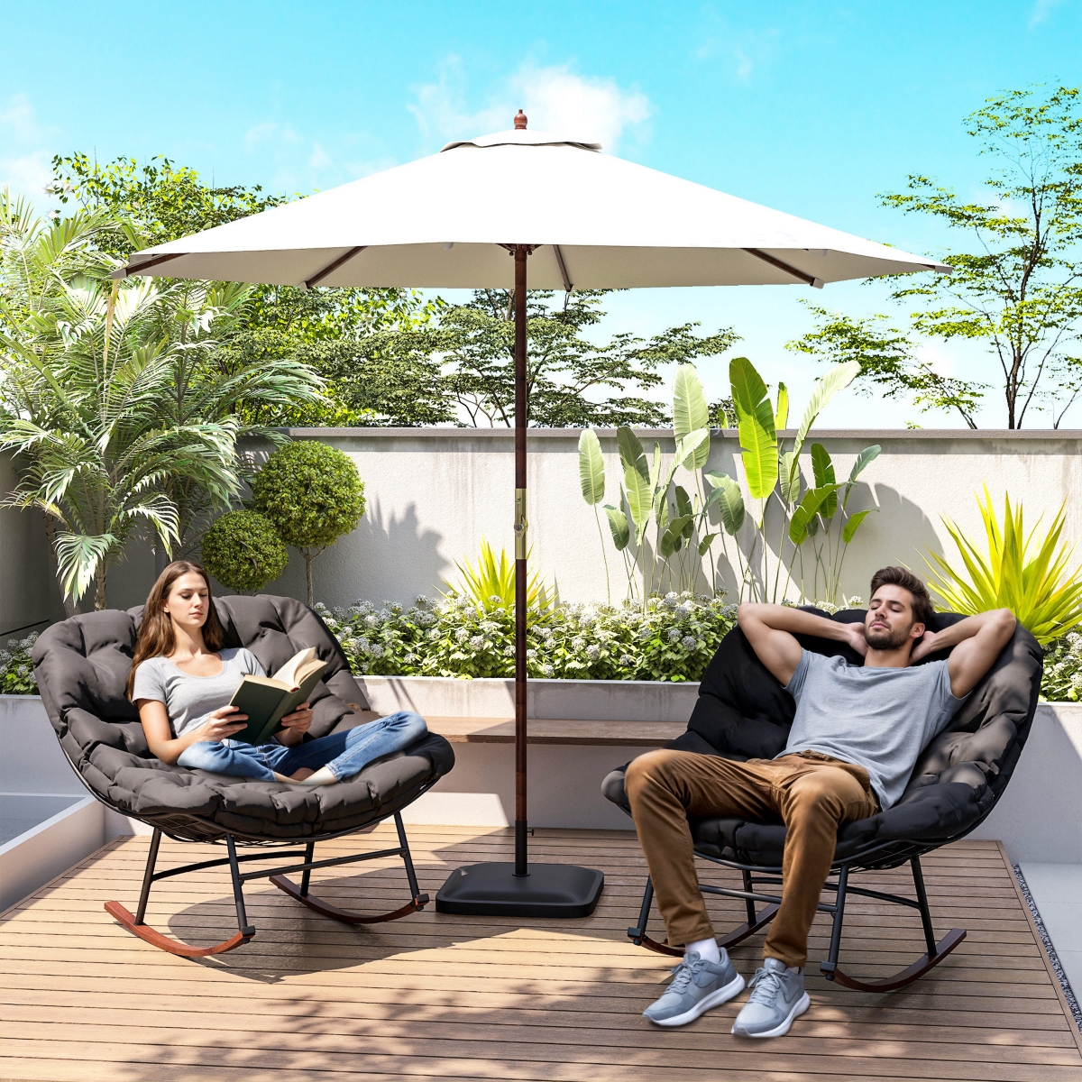 Outsunny Outdoor Rocking Chair Set of 2, Papasan Chairs,